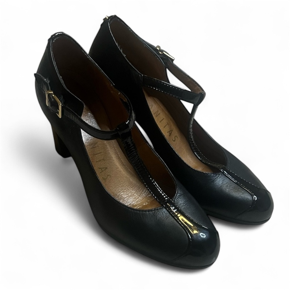 Hispanitas EUC Elegant Black T-Strap Mary Jane Heels sz 37 Made in Spain